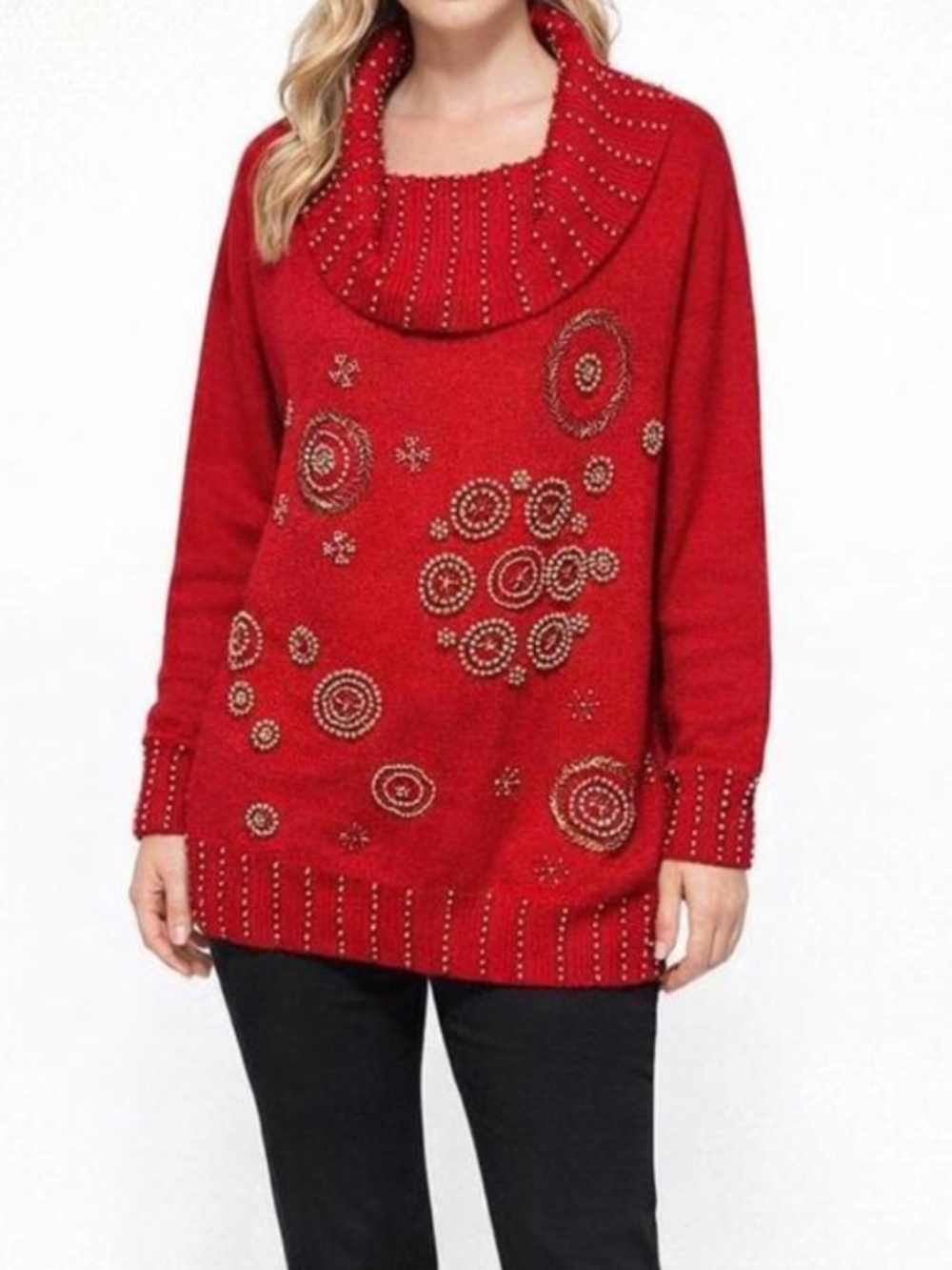 Vintage Red Beaded Oversized Cowl Neck Sweater Size Large